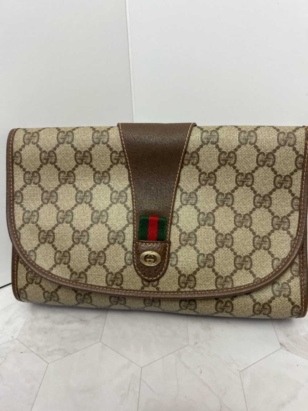 Vintage Gucci Brown and Beige GG Canvas Clutch with Signature Web